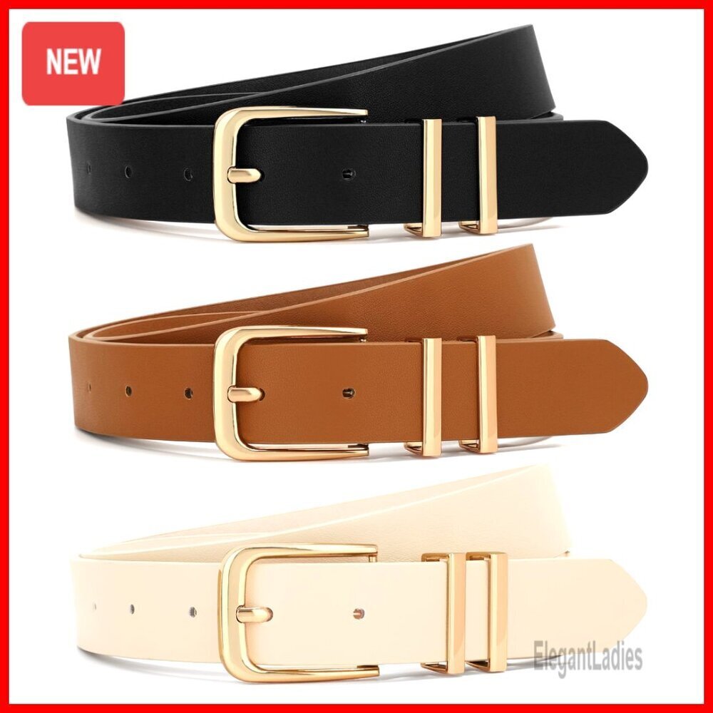3 Pack Leather Belts with Gold Buckle for Jeans Dresses Pants